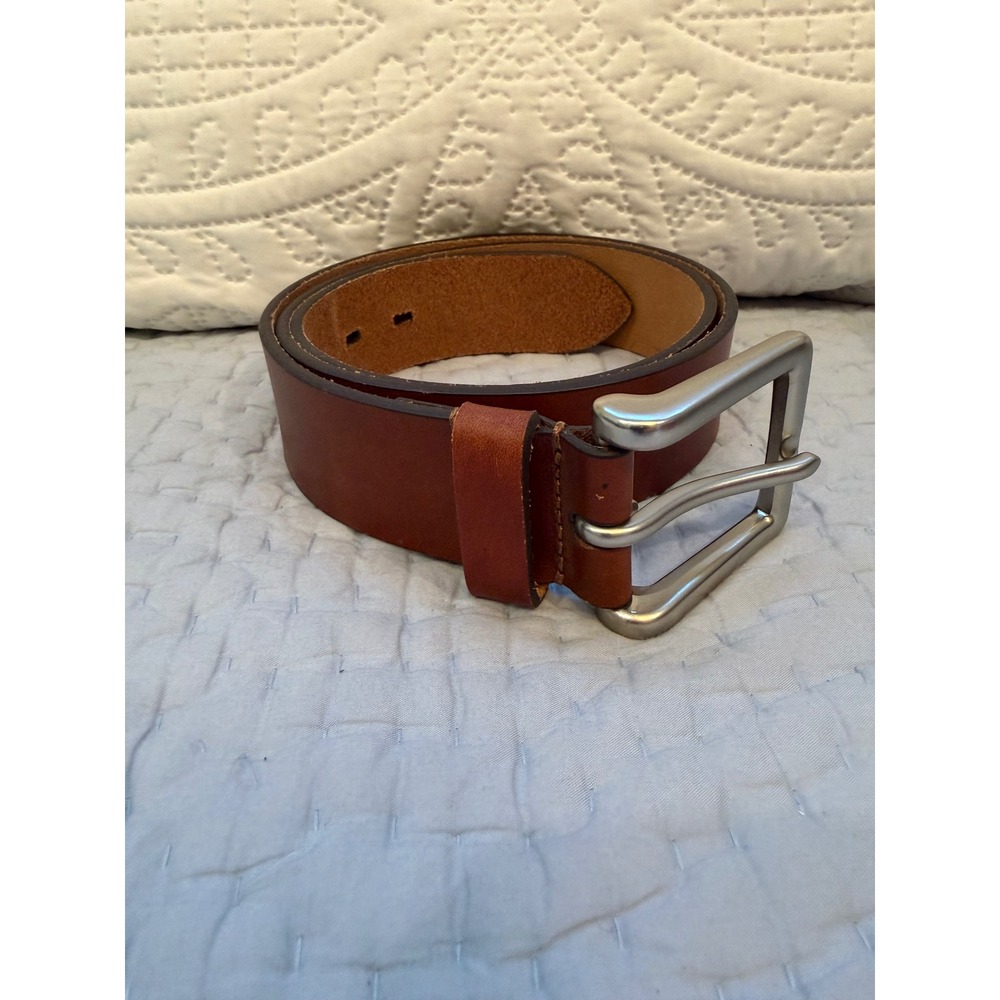 Men's Brown Genuine Leather Belt Size 38 Silver Buckle 1.5" Wide